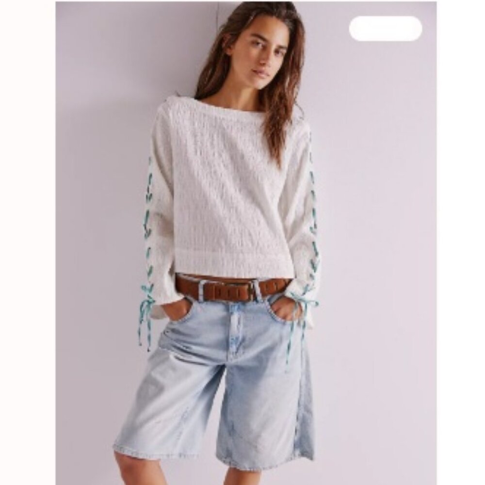 NWT Free People We The Free Laced-Up Tee Sweater, White & Teal | XS